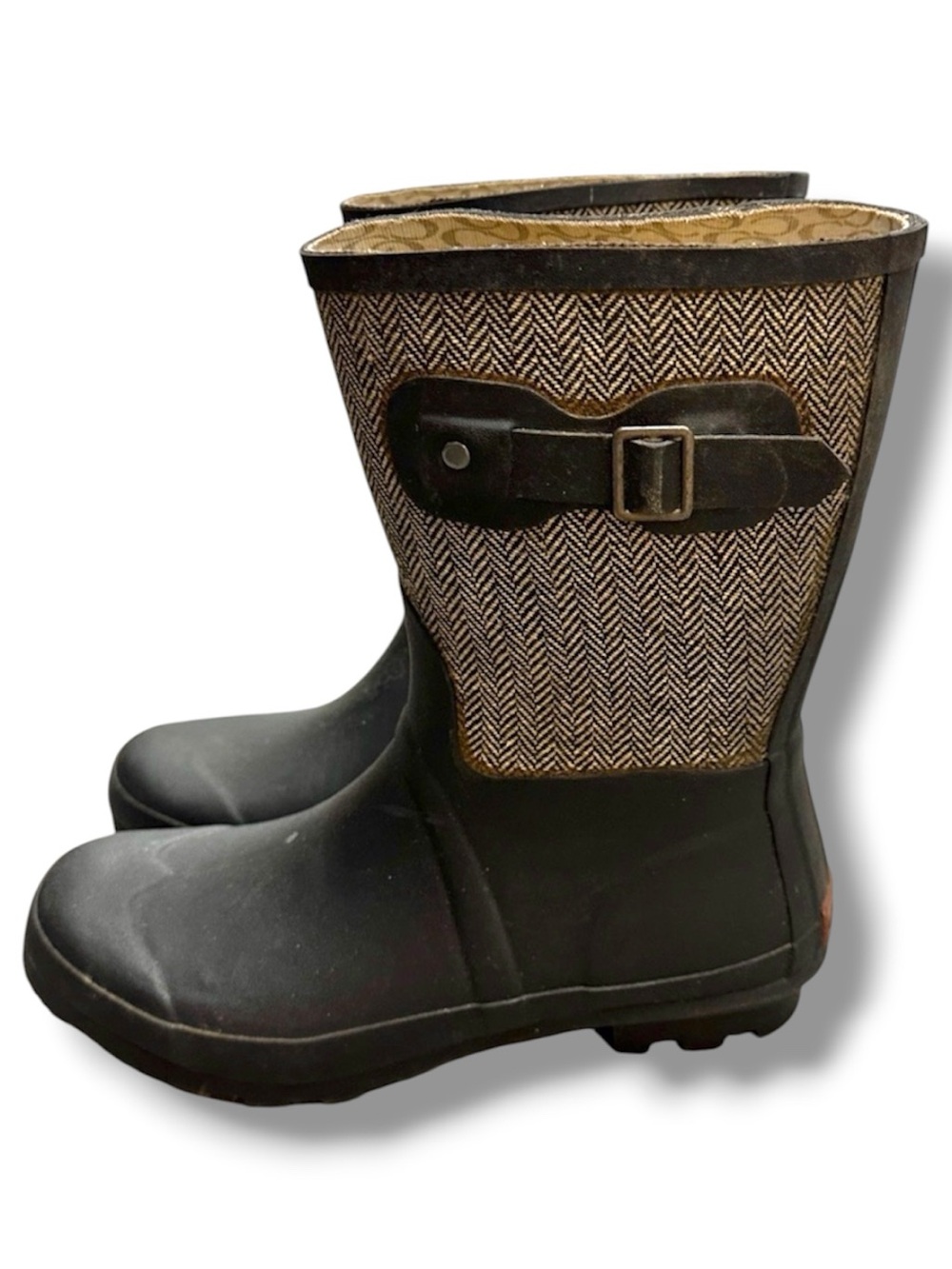 Chooka Classic Mid Cafe Racer Rain Boots Black Herringbone Women's Size 10